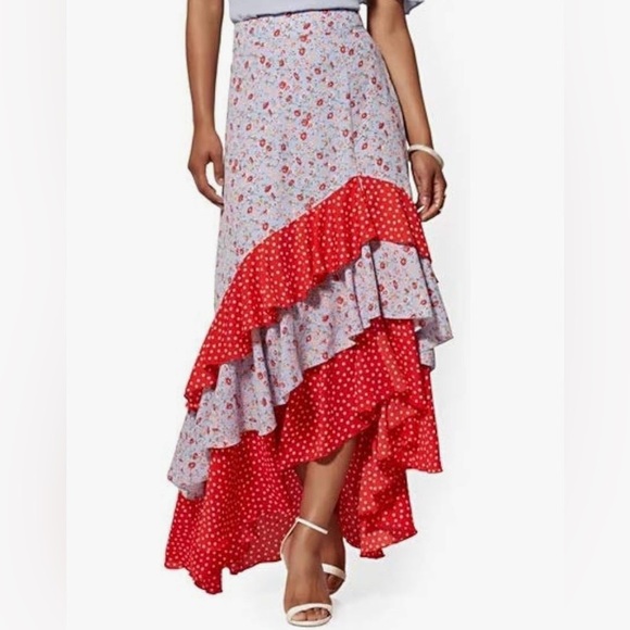NWT New York & Co Womens Mixed-Print Tiered Ruffled Asymmetrical Skirt Sz Large - Picture 2 of 3